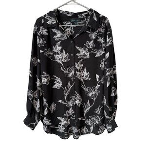 Black & White Floral Button-Up Long Sleeve Blouse By Faith & Zoe Womens Size 2X